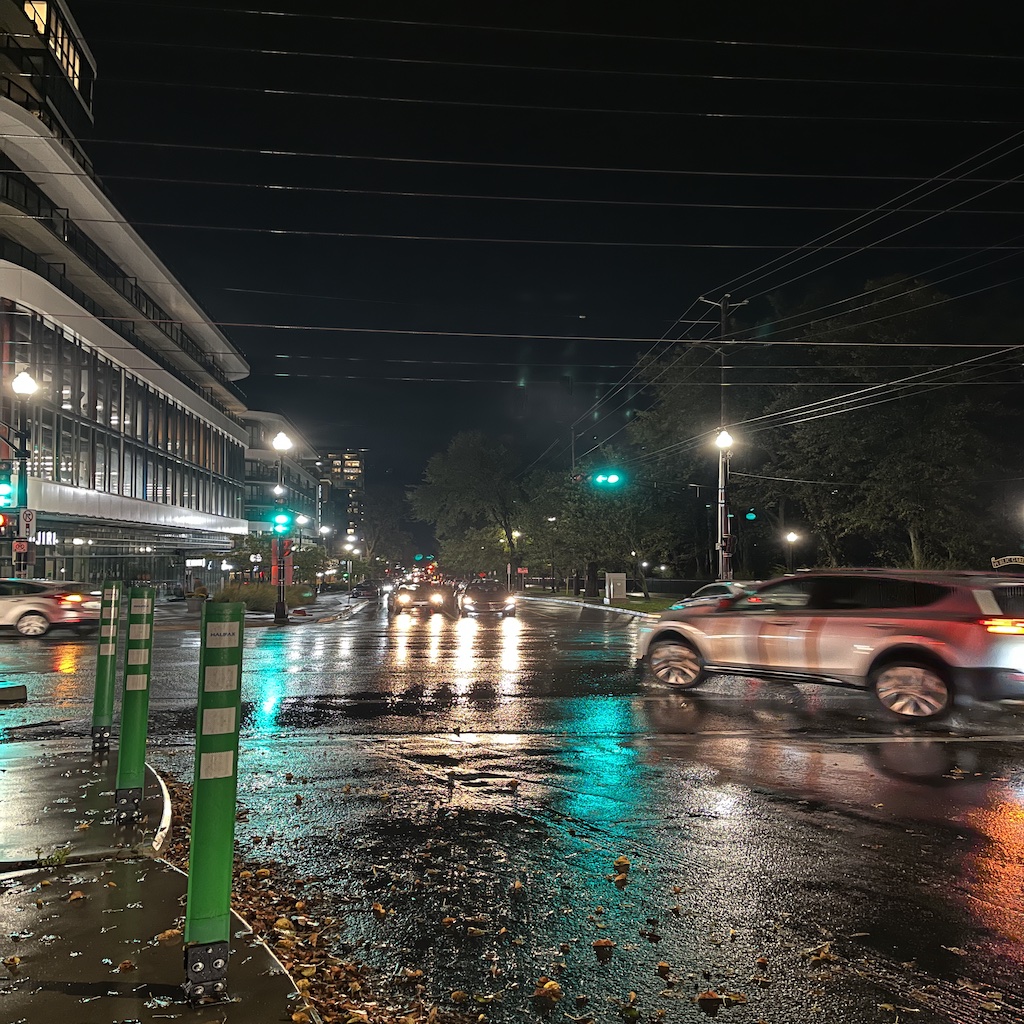 Rain glistening in the night.